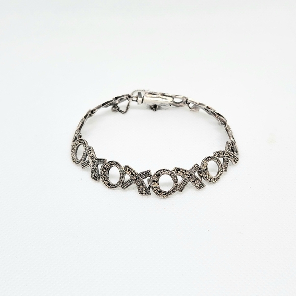 Jewelry - Sterling Silver Marcasite Wide XO Link Bracelet with Safety Chain
